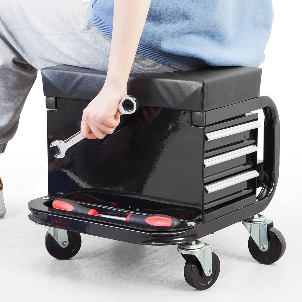 3-Drawer Steel/Metal Garage Shop Roller Stool with Tray and Storage Slots