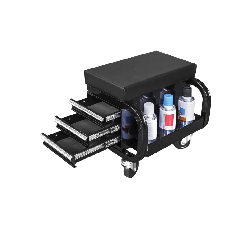 3-Drawer Steel/Metal Garage Shop Roller Stool with Tray and Storage Slots