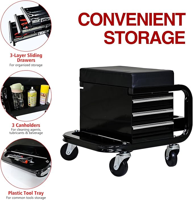 3-Drawer Steel/Metal Garage Shop Roller Stool with Tray and Storage Slots