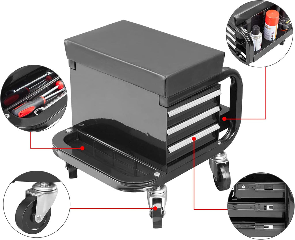 3-Drawer Steel/Metal Garage Shop Roller Stool with Tray and Storage Slots