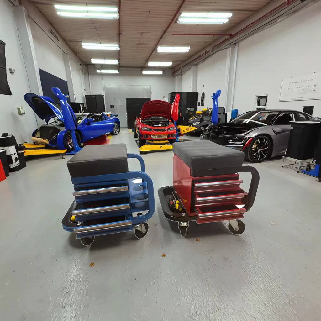 3-Drawer Steel/Metal Garage Shop Roller Stool with Tray and Storage Slots
