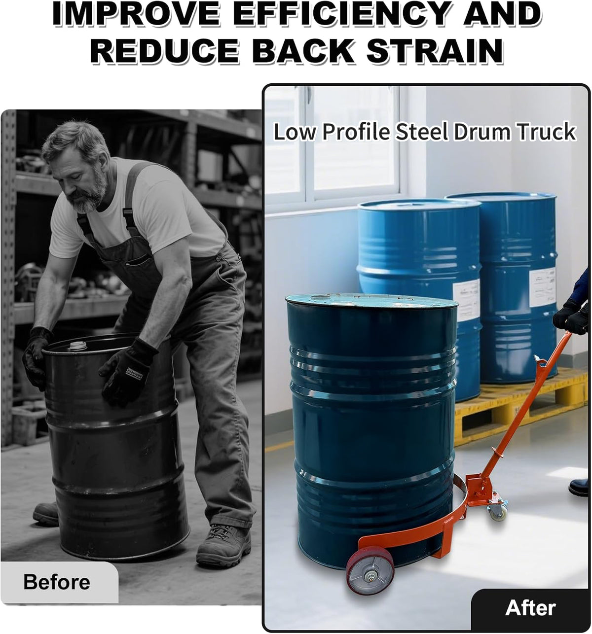 Oil Drum Cart with 3 Smooth-Rolling Wheels and Labor-Saving Handle