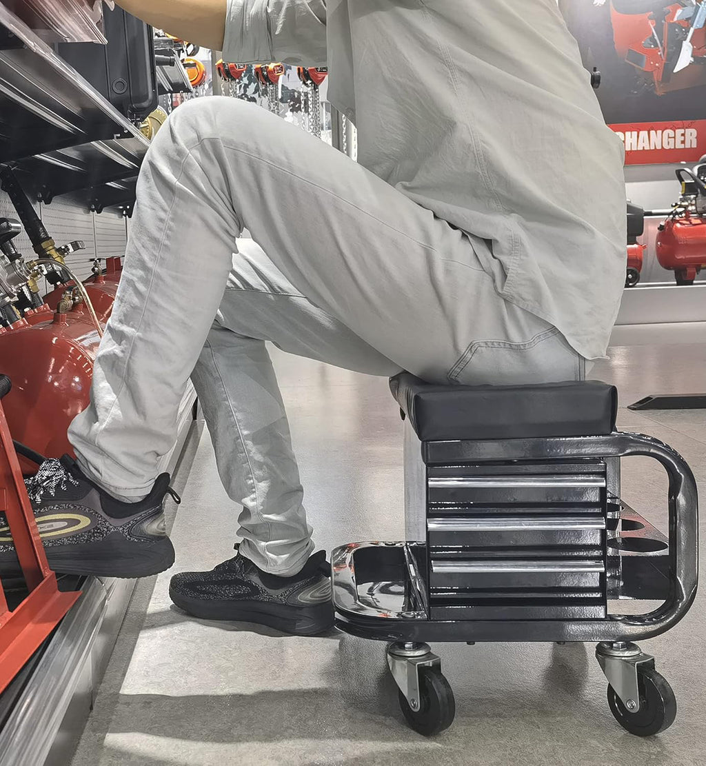 3-Drawer Steel/Metal Garage Shop Roller Stool with Tray and Storage Slots