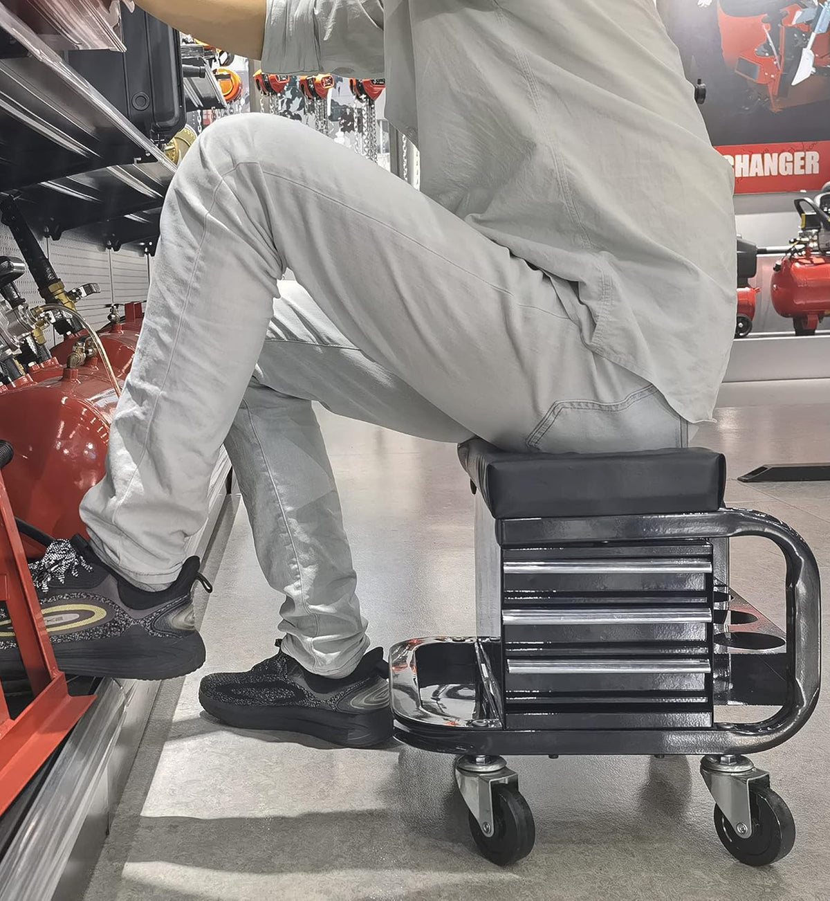 3-Drawer Steel/Metal Garage Shop Roller Stool with Tray and Storage Slots